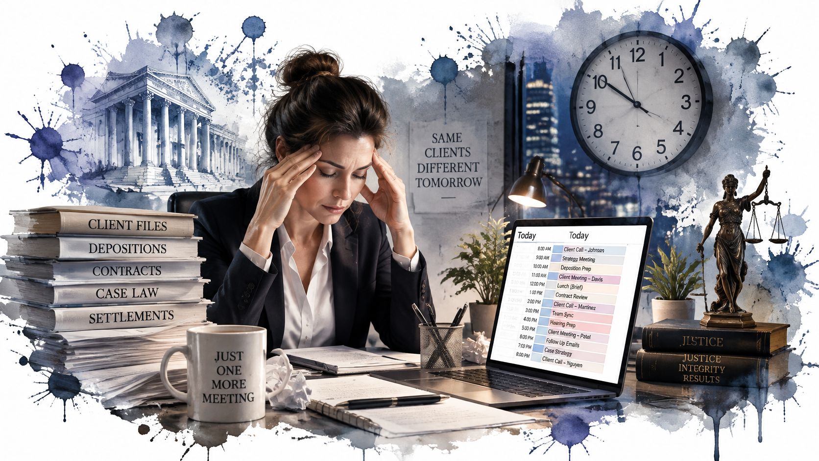 A stressed female lawyer sitting at a desk overflowing with legal documents and a busy meeting schedule.
