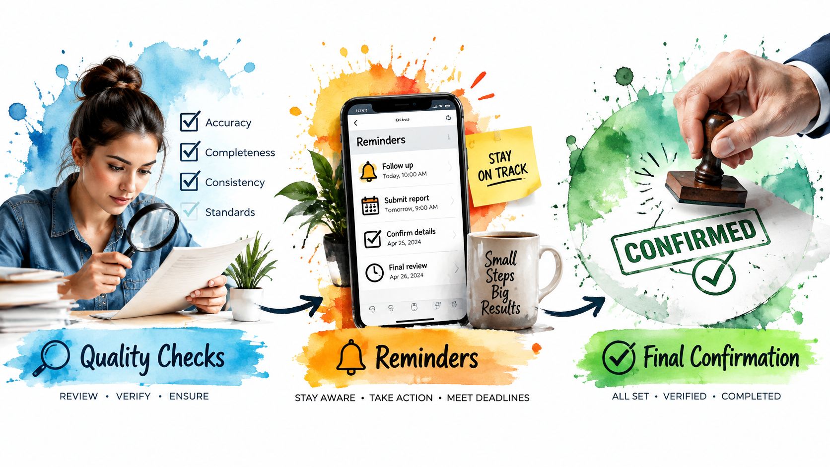 An illustration showing three steps of a process: quality checks, setting reminders, and final project confirmation.