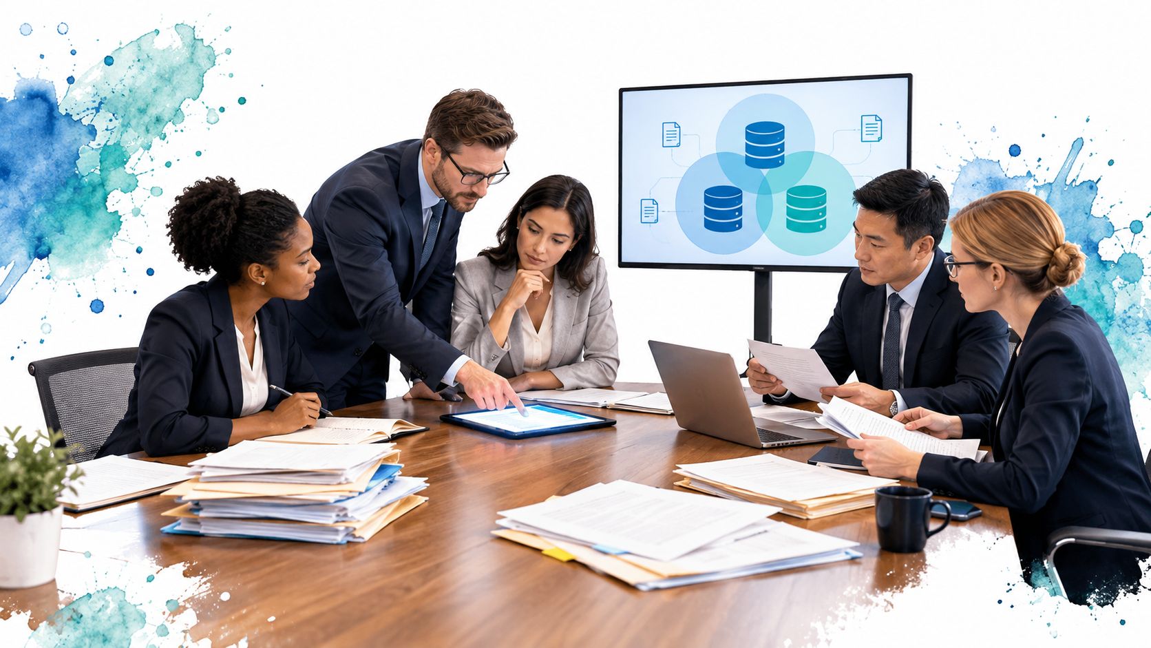 A professional business team collaborating on legal operations management using a digital tablet during a board meeting.