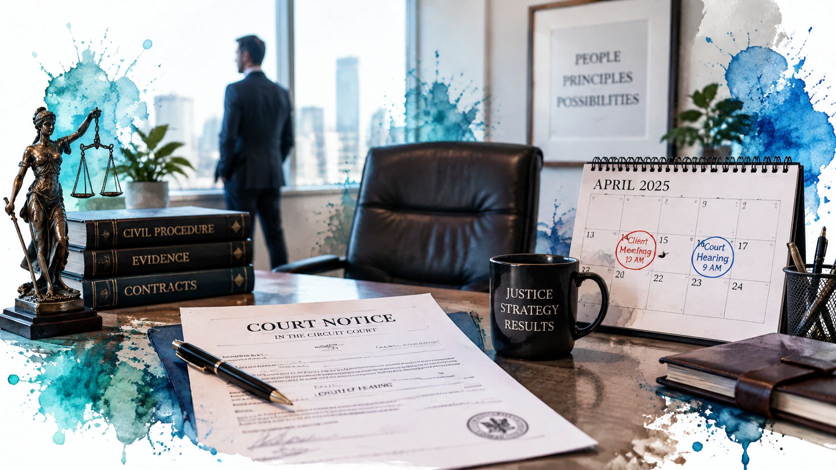 A professional law office desk featuring a calendar, legal documents, law books, and the scales of justice.