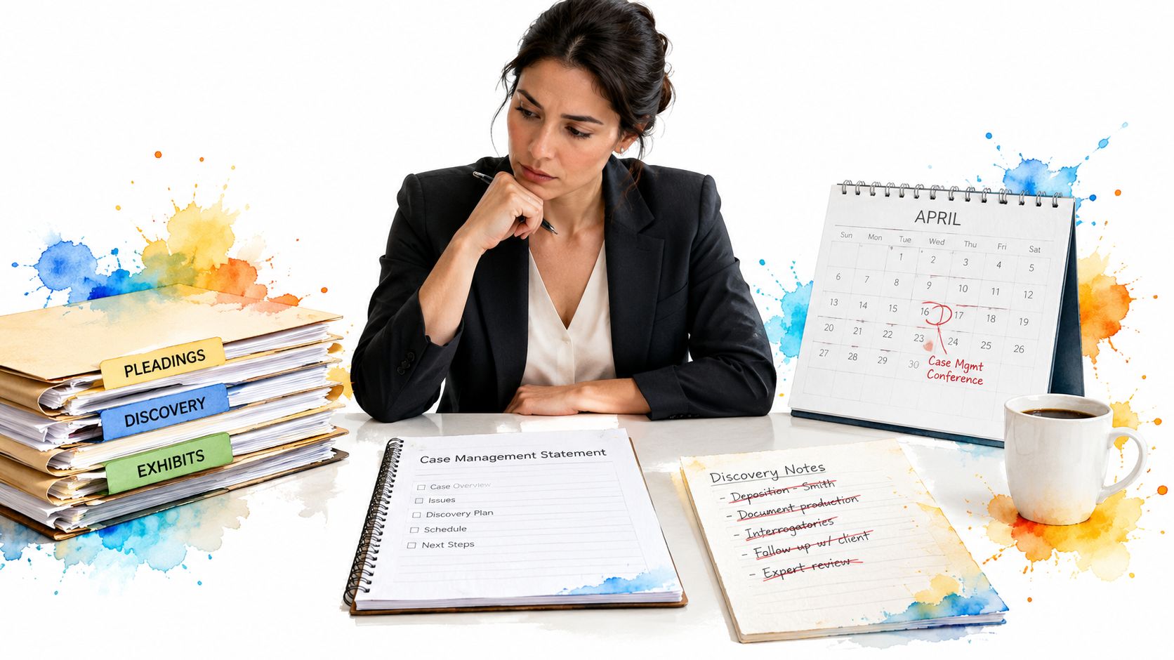 A professional woman in a suit reviews a case management statement with legal documents and a calendar.