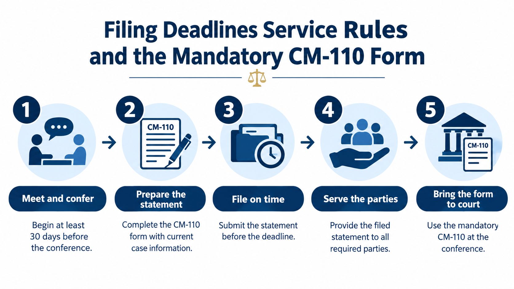 An infographic detailing five steps for filing a case management statement including the mandatory CM-110 form.
