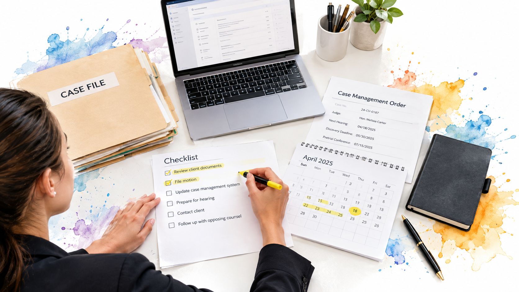 A professional working on case management tasks at an organized desk with documents, a laptop, and calendar.