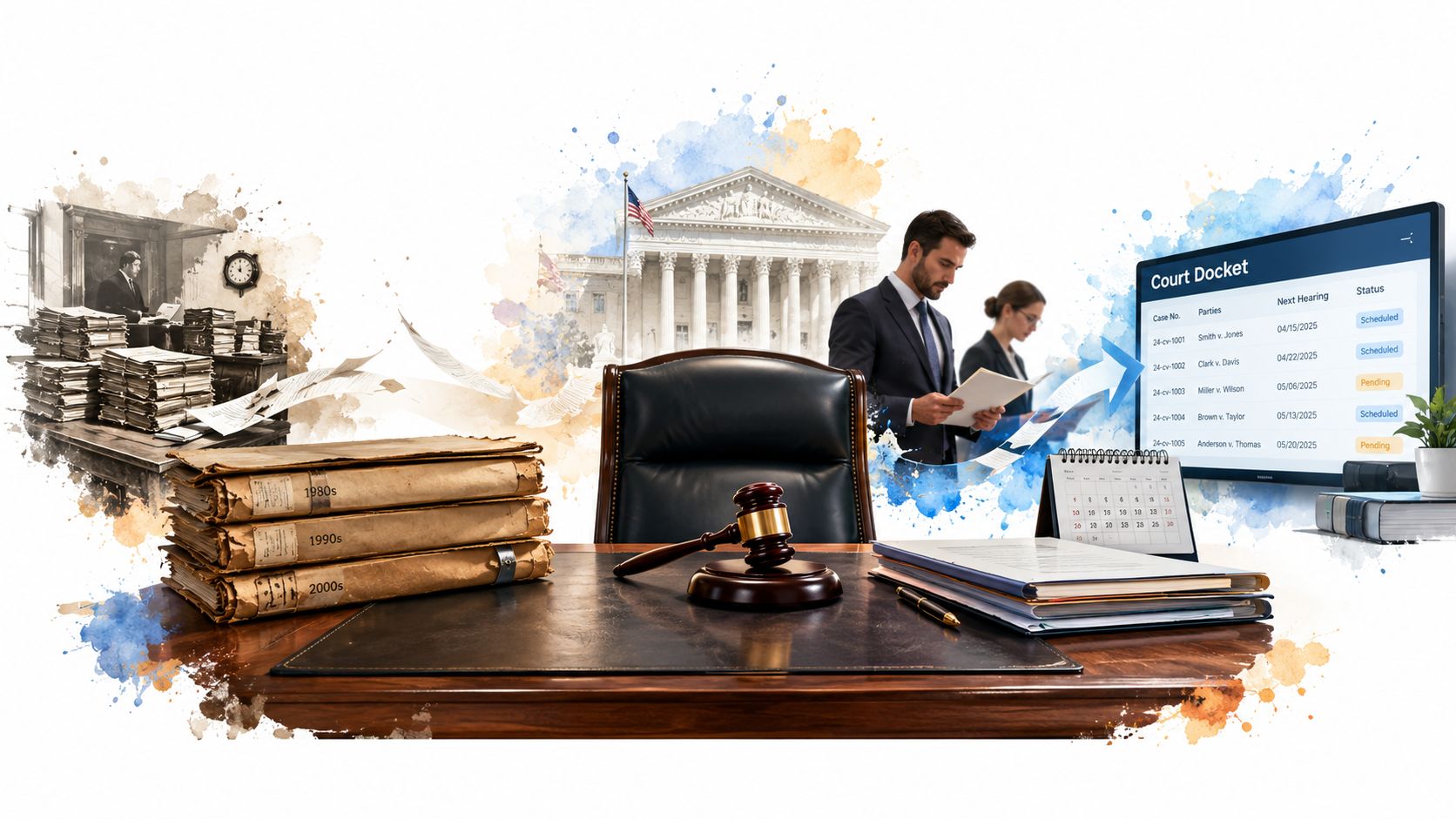 A digital transition of legal case management, showing historical paper files moving toward modern courtroom software systems.