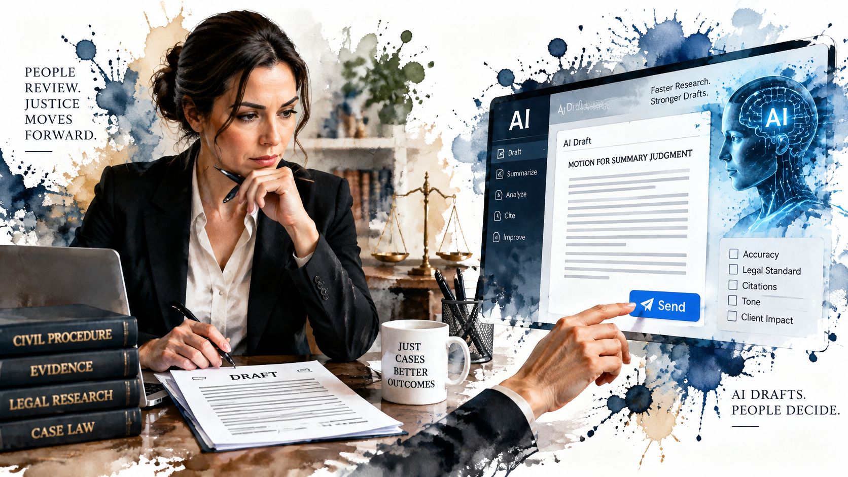 A professional lawyer working on a legal document with the assistance of an AI interface for legal tasks.