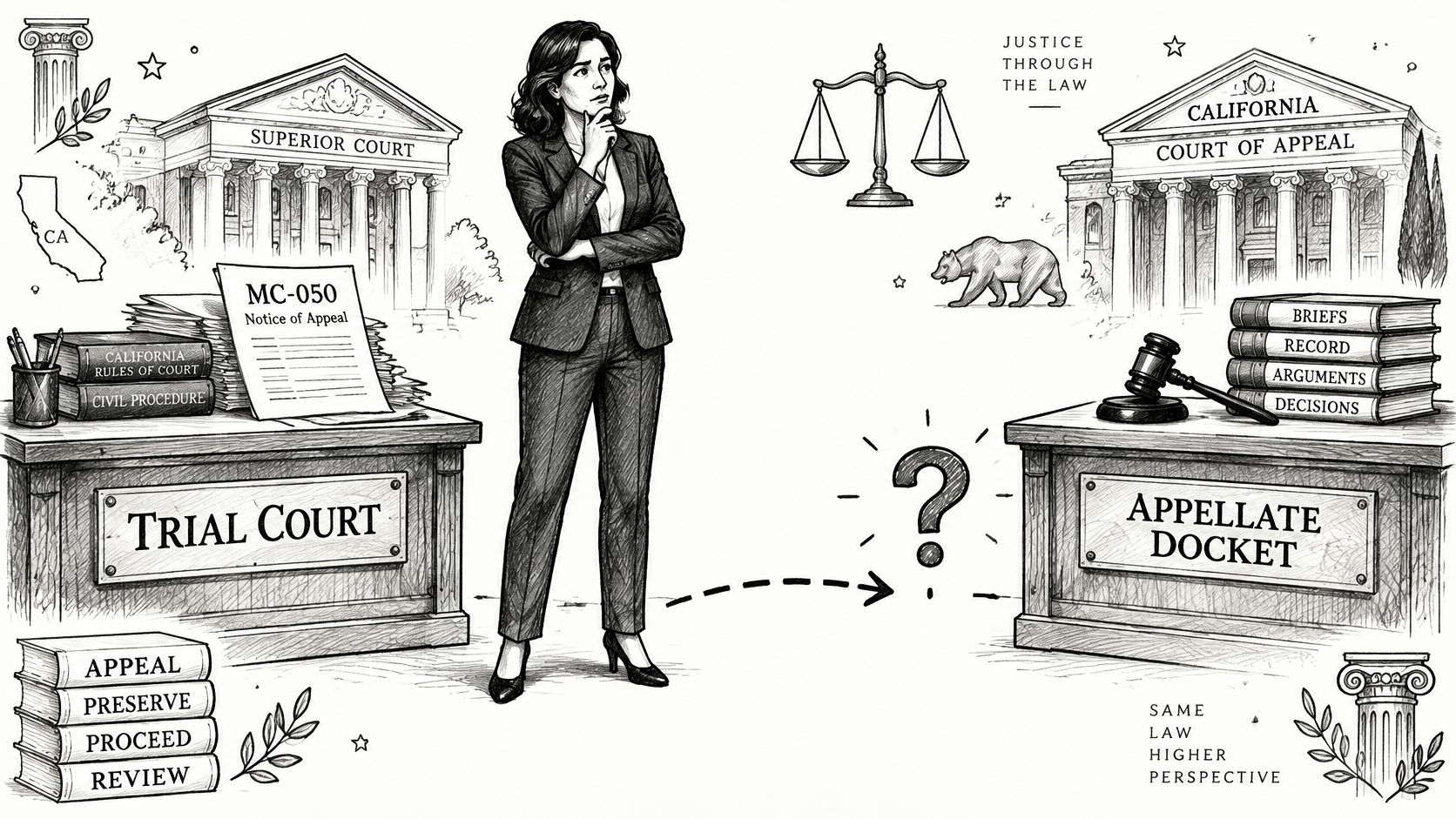 A woman stands between a trial court and appellate docket, illustrating the California legal appeals process.