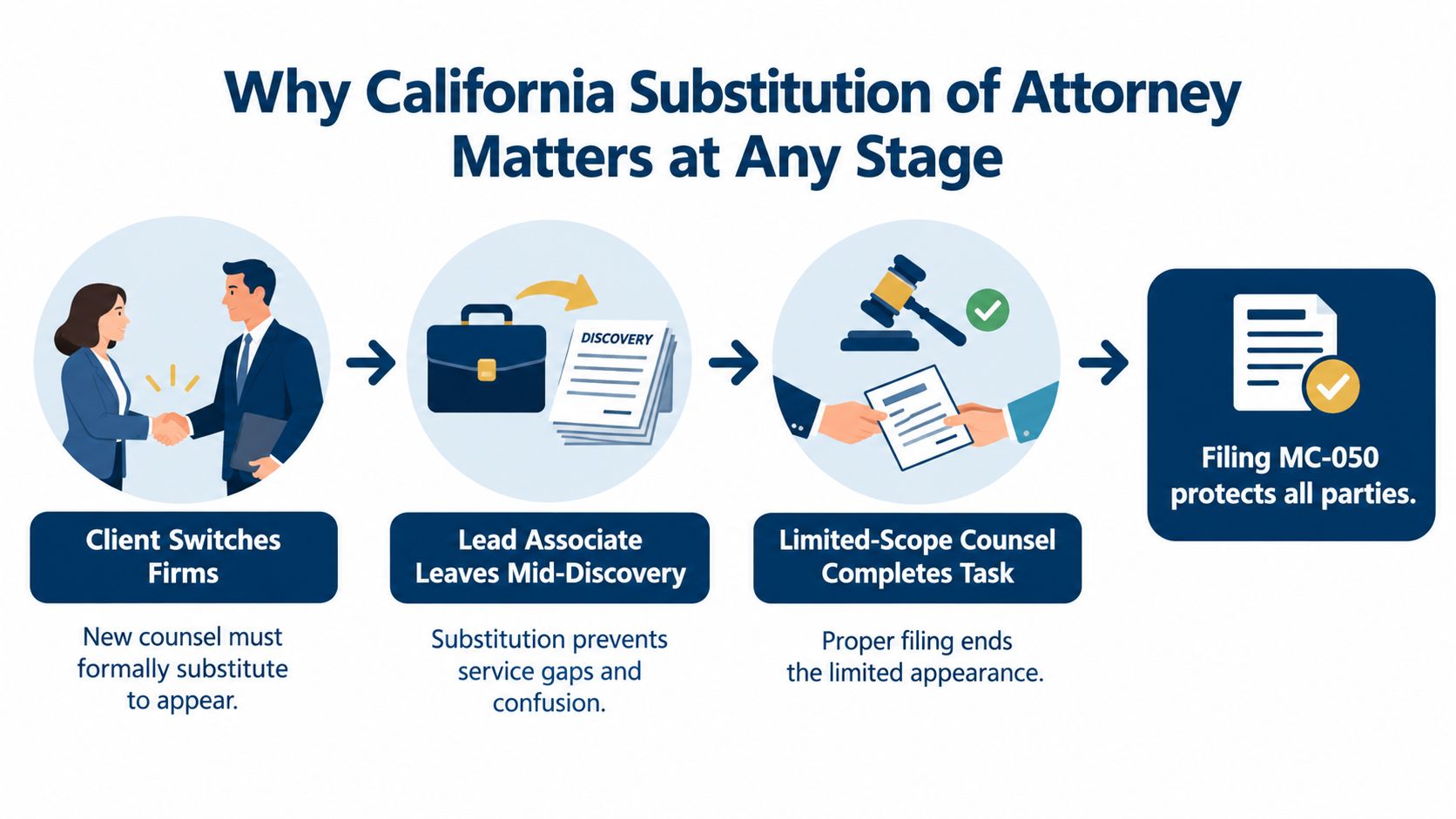 A diagram illustrating the importance of filing the California Substitution of Attorney form at various legal stages.