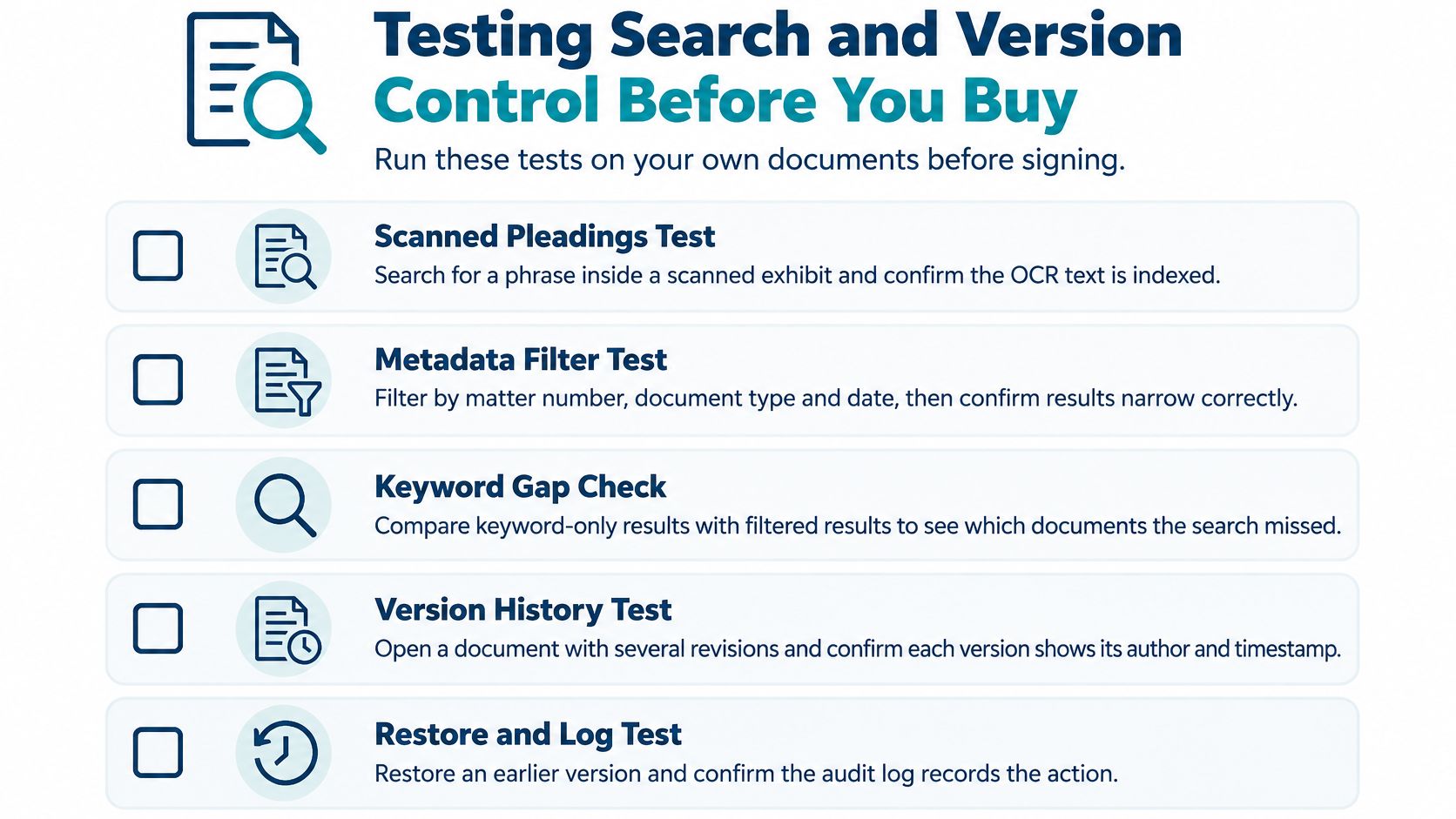 A checklist for evaluating document management software features like search accuracy, metadata filtering, and version control.