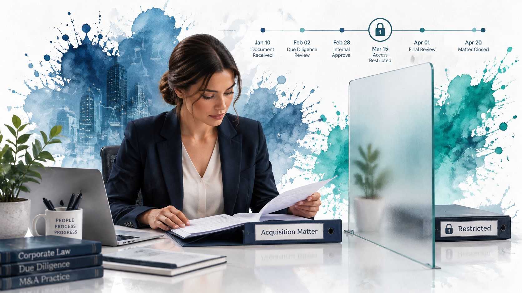 A professional woman in a suit reviews documents at a desk with corporate legal binders and software.